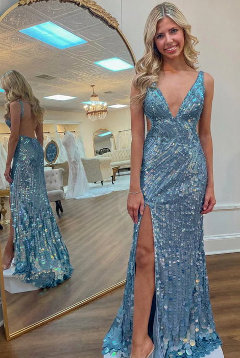 Dusty Blue Sequins V Neck Backless Sleeveless High Slit Prom Dress