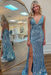 Dusty Blue Sequins V Neck Backless Sleeveless High Slit Prom Dress
