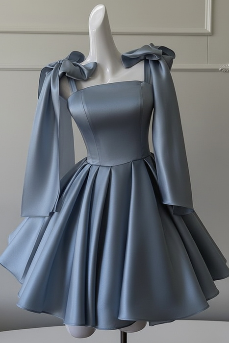 Dusty Blue Sexy Satin Aline Homecoming Dress Short Prom Dress with Straps