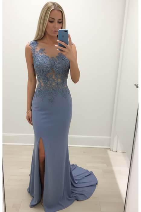 Dusty Blue Sheath/Column Scoop Sleeveless Applique Chiffon Dresses - Prom Dresses