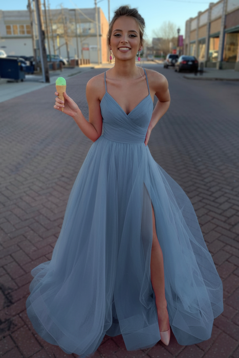 Dusty Blue Simple A Line V Neck Tulle Long Prom Dresses with High  Split