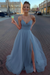 Dusty Blue Simple A Line V Neck Tulle Long Prom Dresses with High  Split