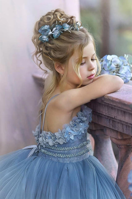 Dusty Blue Spaghetti Straps Tulle Princess Flower Girl Dresses with Flowers - Dusty Blue / 2-3y - Flower Girl Dress