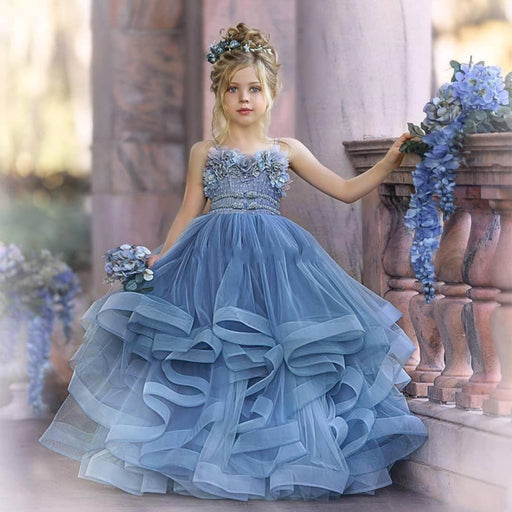 Dusty Blue Spaghetti Straps Tulle Princess Flower Girl Dresses with Flowers - Flower Girl Dress