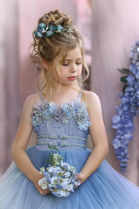 Dusty Blue Spaghetti Straps Tulle Princess Flower Girl Dresses with Flowers - Flower Girl Dress