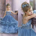 Dusty Blue Spaghetti Straps Tulle Princess Flower Girl Dresses with Flowers - Flower Girl Dress
