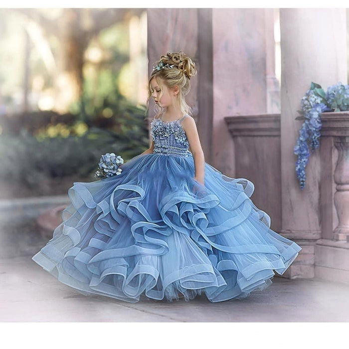Dusty Blue Spaghetti Straps Tulle Princess Flower Girl Dresses with Flowers - Flower Girl Dress