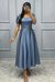 Dusty Blue Square Neck A-Line Prom Dress with Short Sleeves