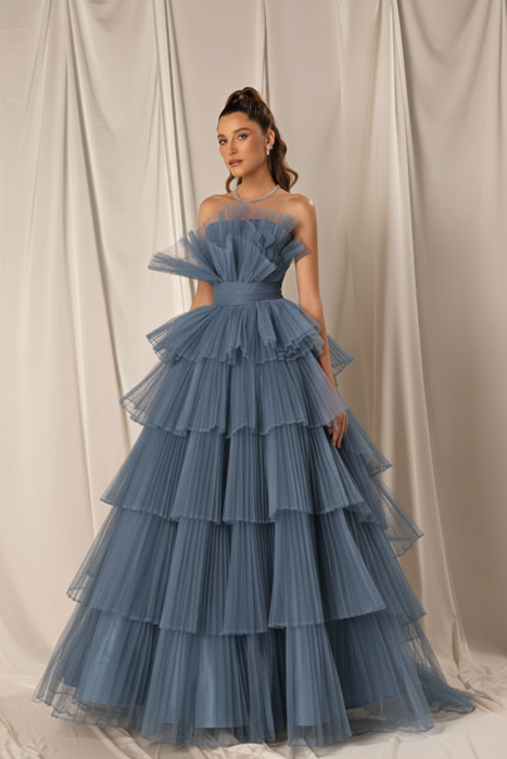 Dusty Blue Strapless Mermaid Evening Gown with Layers and Sleeveless Design