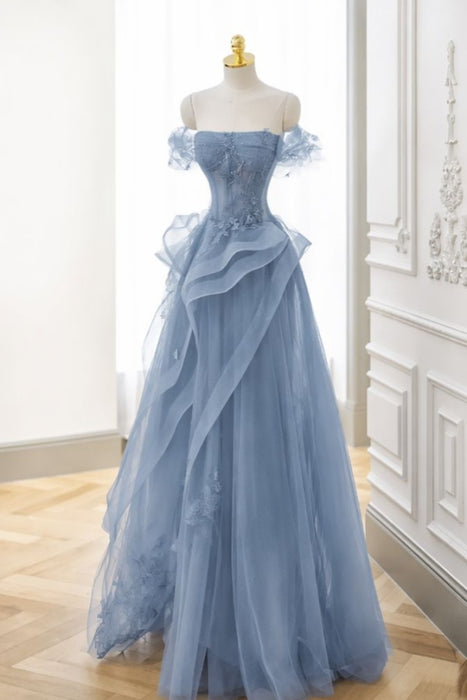 Off-the-Shoulder Green A-Line Evening Dress Strapless Lace Printed Formal Dress
