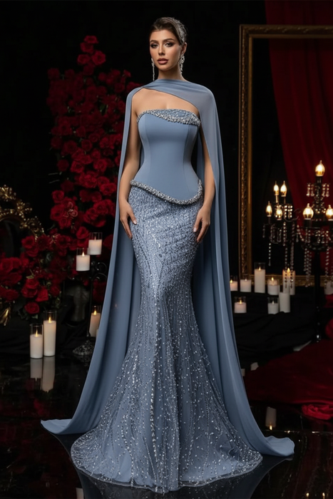 Dusty Blue Charming Strapless Beadings Satin Prom Dress Mermaid with Cape