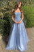 Dusty Blue Stylish Lace Long Prom Dress with Spaghetti Straps
