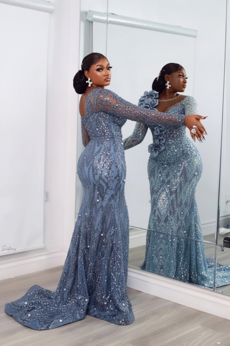 Dusty Blue Stylish One-Shoulder Deep V-Neck Mermaid Prom Dress with Appliques
