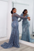 Dusty Blue Stylish One-Shoulder Deep V-Neck Mermaid Prom Dress with Appliques