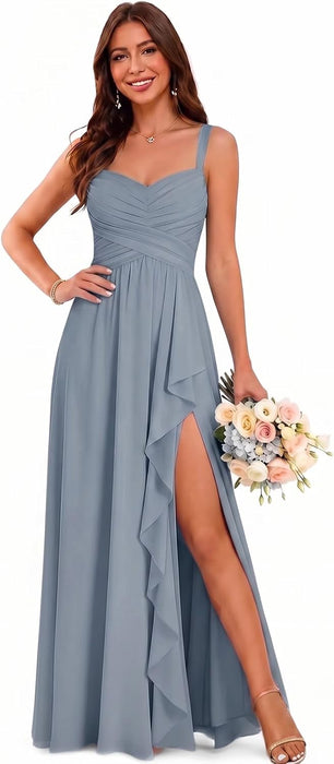 Women's Chiffon Bridesmaid Dresses Long Evening Formal Gown with Slit - Dusty Blue
