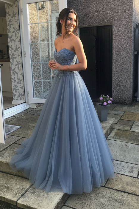 Dusty Blue Sweetheart Neck Open Back Lace Long Prom Dresses