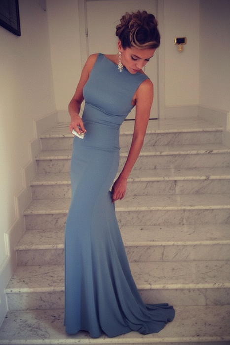 Dusty Blue Trumpet/Mermaid High Neck Sleeveless Spandex Floor-Length Dresses - Prom Dresses