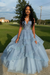 Dusty Blue Spaghetti Straps Aline Prom Dress Tulle Aline Evening Dress with Lace