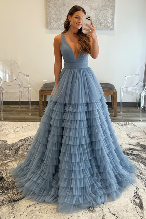 Dusty Blue Tulle Formal Evening Dresses 