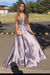 Dusty Lavender Spaghetti Straps Deep V Neck Sleeveless A Line Prom Dress Satin with Ruffles