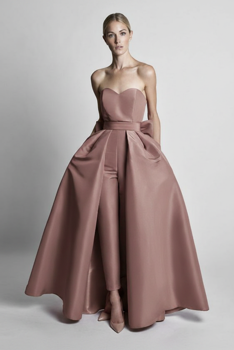 Dusty Mauve Sweetheart Evening Jumpsuit Ball Gown Ankle Length Sleeveless Satin Social Party Jumpsuit