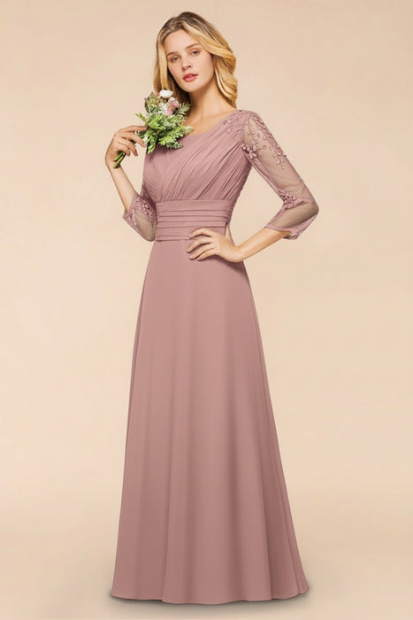 Long Sleeves Aline Bridesmaid Dress Ruffle Chiffon Beadings Wedding Guest Dress