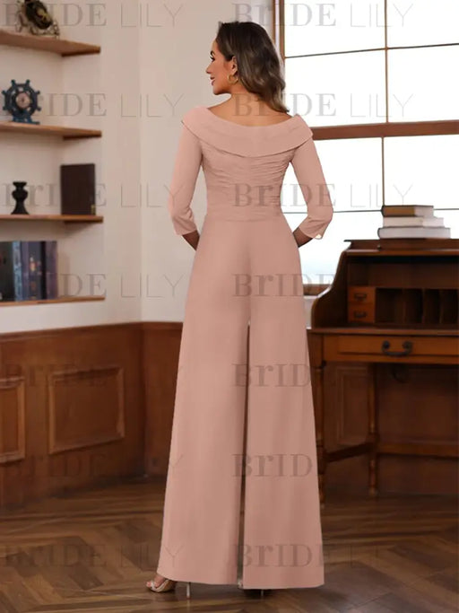 V-Neck Chiffon Jumpsuit with Ruched Detail and 3/4 Sleeves for the Mother