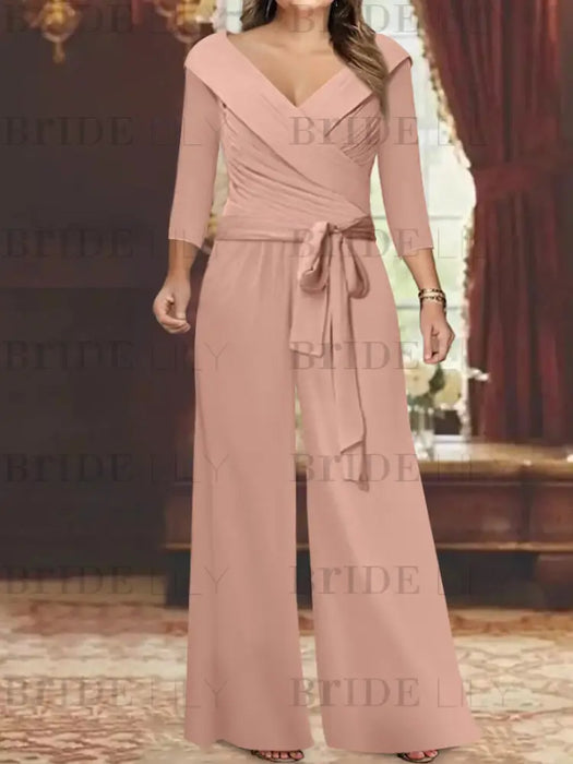 V-Neck Chiffon Jumpsuit with Ruched Detail and 3/4 Sleeves for the Mother