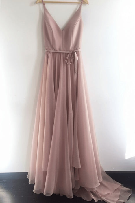 Dusty Pink A Line V Neck Spaghetti Straps Tulle Prom Dresses