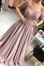 Dusty Pink Off-the-Shoulder Lace Applique Satin Aline Evening Dresses