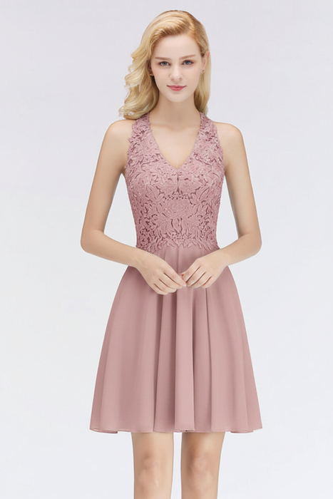Dusty Pink V-Neck Short Lace Bridesmaid Dresses
