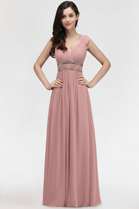 Dusty Pink Chic Ruched Chiffon Aline Formal Dress Bridesmaid Dress with Beadings