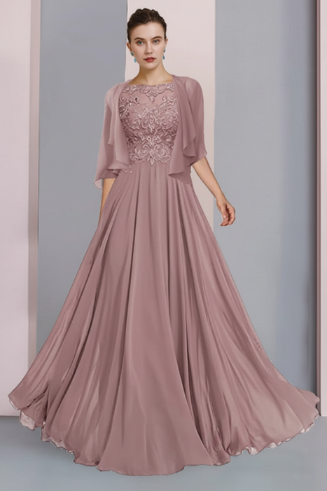 Dusty Pink Floor-Length A-Line Mother of the Bride Dress with Princess Scoop Neckline