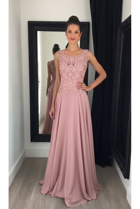 Dusty Pink Chiffon A-Line Prom Dress Scoop Neck with Lace Appliques