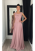 Dusty Pink Chiffon A-Line Prom Dress Scoop Neck with Lace Appliques
