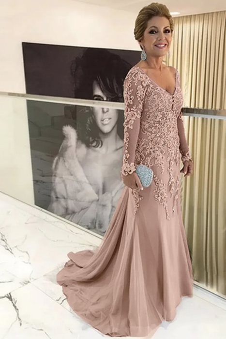 Dusty Pink Elegant Long Sleeves Lace mother of the bride dress V-Neck - Prom Dresses