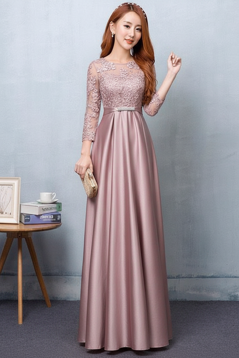 Dusty Pink Evening Dress Satin Prom Dress Lace Applique Wedding Guest Dresses Sash A Line Maxi Mother's Dress wedding guest dress