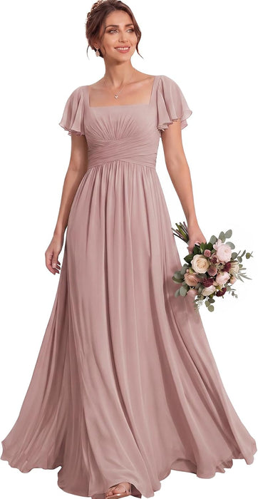 Bridelily Women's Flutter Sleeves Bridesmaid Dresses Square Neck Chiffon Maxi Dres - Dusty Pink