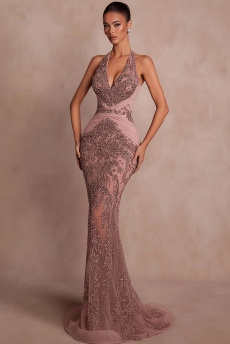 Halter Dark Green Mermaid Prom Dress Glitter Sequins Evening Gown