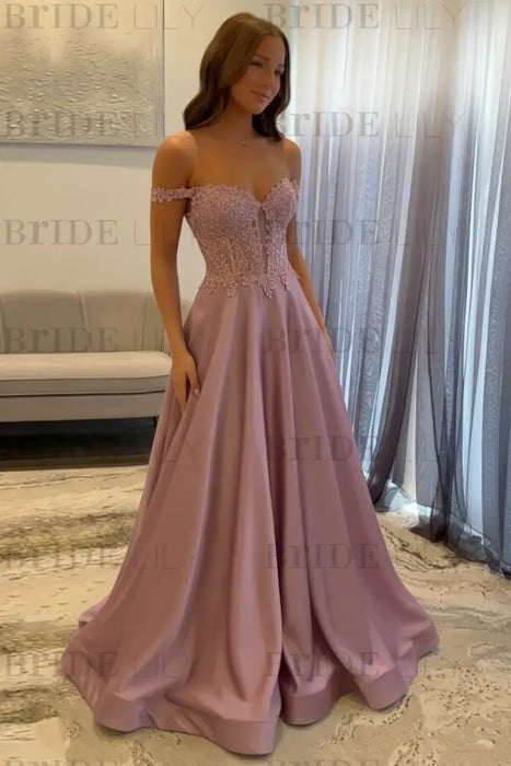 Dusty Pink Off-the-Shoulder A-line Evening Dress Lace Prom Dress Long