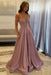 Dusty Pink Off-the-Shoulder A-line Evening Dress Lace Prom Dress Long