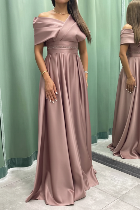 Dusty Pink Elegant Off-the-Shoulder Long Evening Dress Pleated
