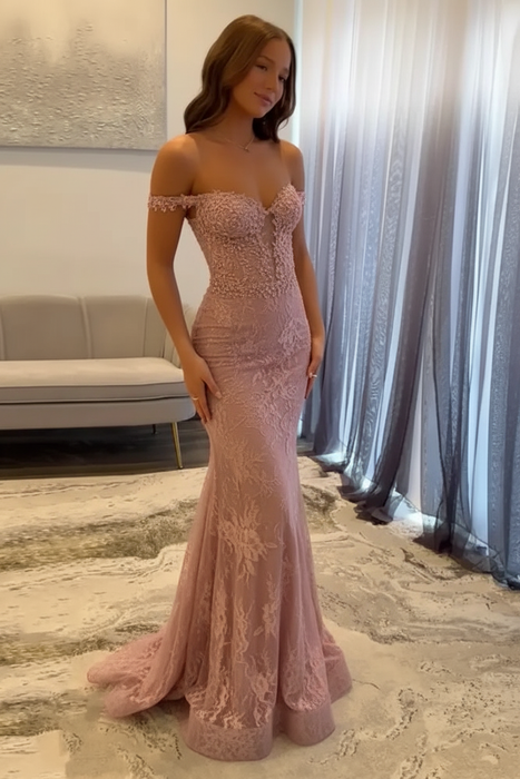 Dusty Pink Off-the-Shoulder Mermaid Prom Dress 