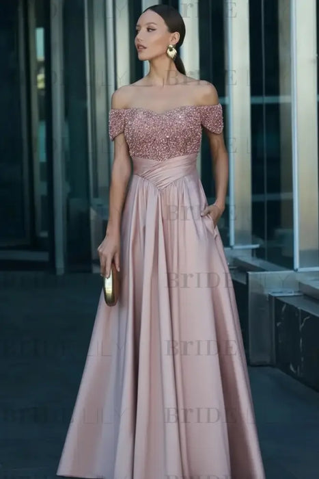 Dusty Pink Off-the-Shoulder Satin Aline Formal Dress with Beadings