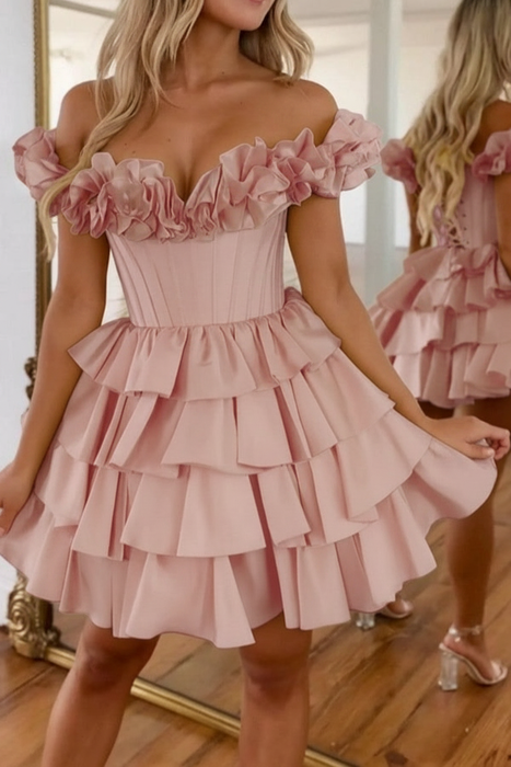 Dusty Pink Off-the-Shoulder Satin Corset Graduation Dress Short Cocktail Dress