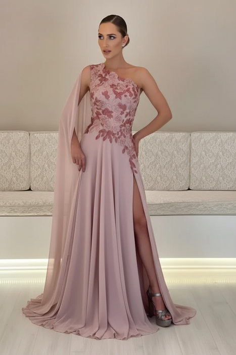 Dusty Pink One-Shoulder Sleeveless Chiffon Evening Dresses Long with Side Slit - Prom Dresses
