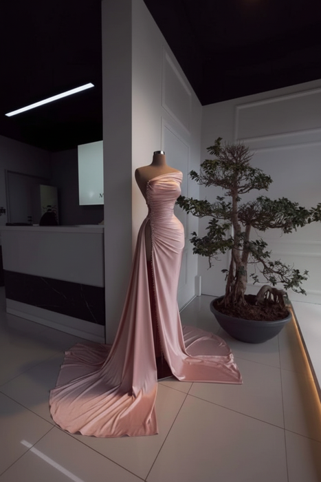 Dusty Pink Pearl Strapless Prom Dress with Long Slit