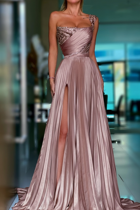 Dusty Pink Pleated A-Line One Shoulder Prom Dress Gown with Front Split - Prom Dresses
