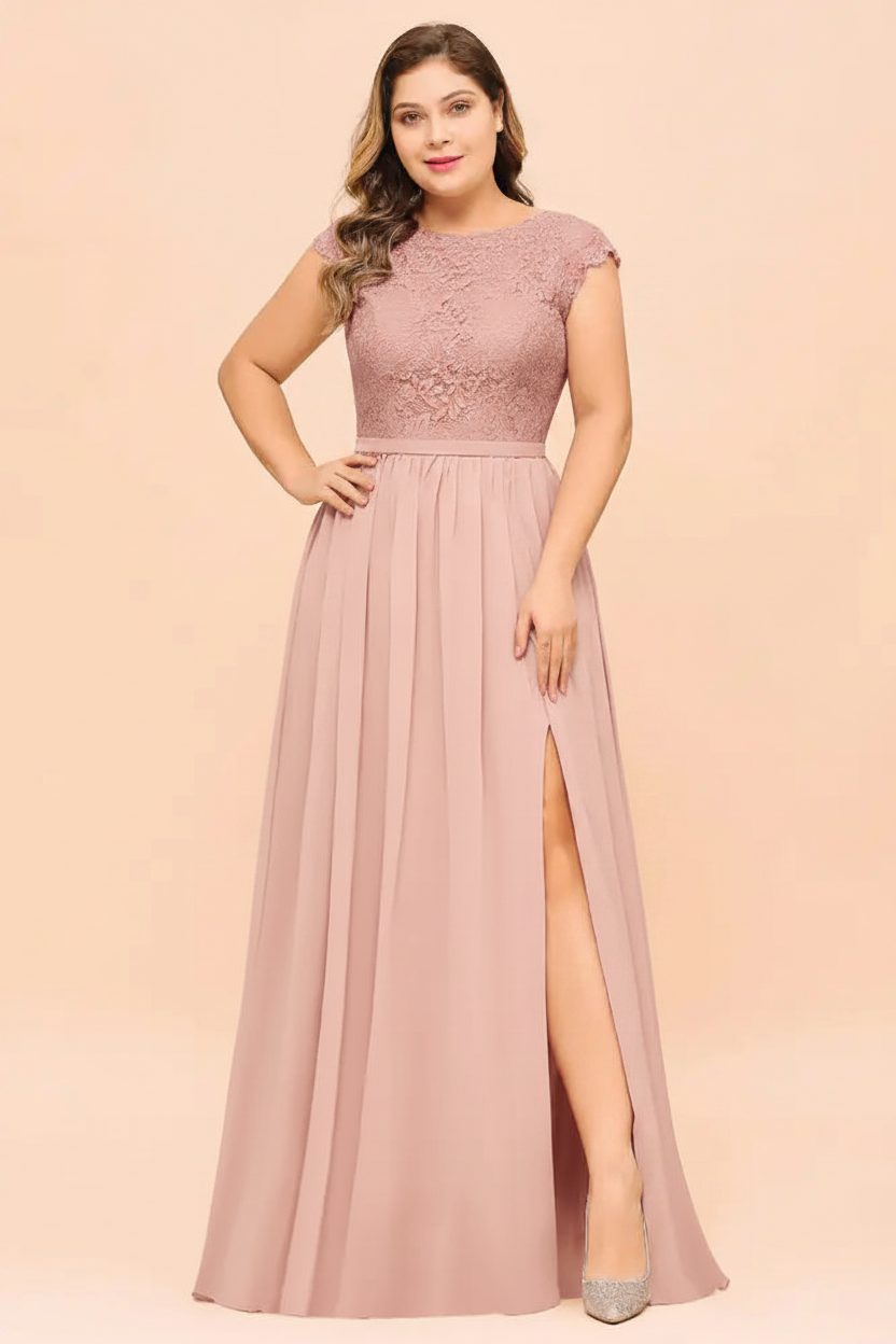 Plus Size Lace Bridesmaid Dress with Cap Sleeves- Bridelily