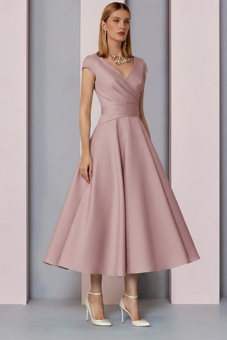 Dusty Pink Satin A-Line Mother of the Bride Dress V Neck Tea Length Wedding Guest Dress - Prom Dresses